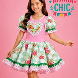 Vestido Infantil de Festa Junina Luxo Xadrez Verde Detalhes Rosa + Bolsinha