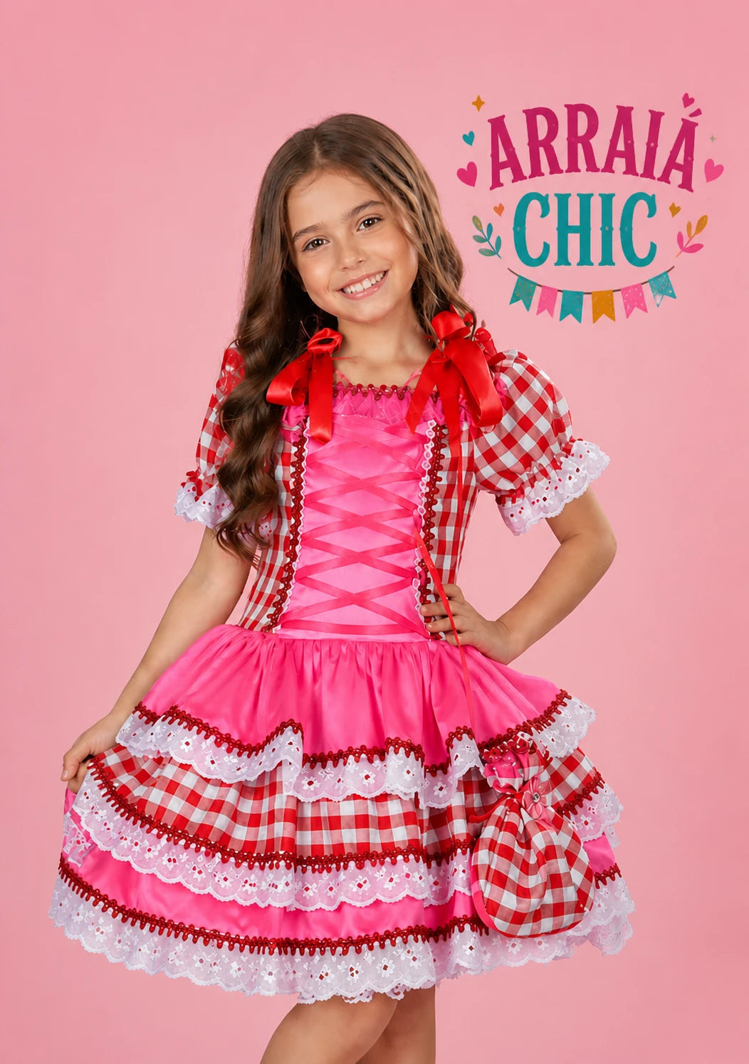 Vestido Infantil de Festa Junina Luxo Xadrez Vermelho e Rosa Neon + Bolsinha