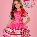 Vestido Infantil de Festa Junina Luxo Xadrez Vermelho e Rosa Neon + Bolsinha