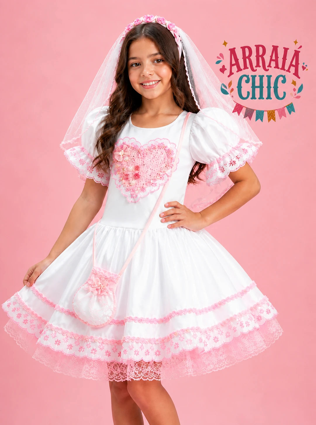 Vestido Infantil de Festa Junina Noivinha Luxo Branco e Rosa + Véu