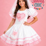 Vestido Infantil de Festa Junina Noivinha Luxo Branco e Rosa + Véu