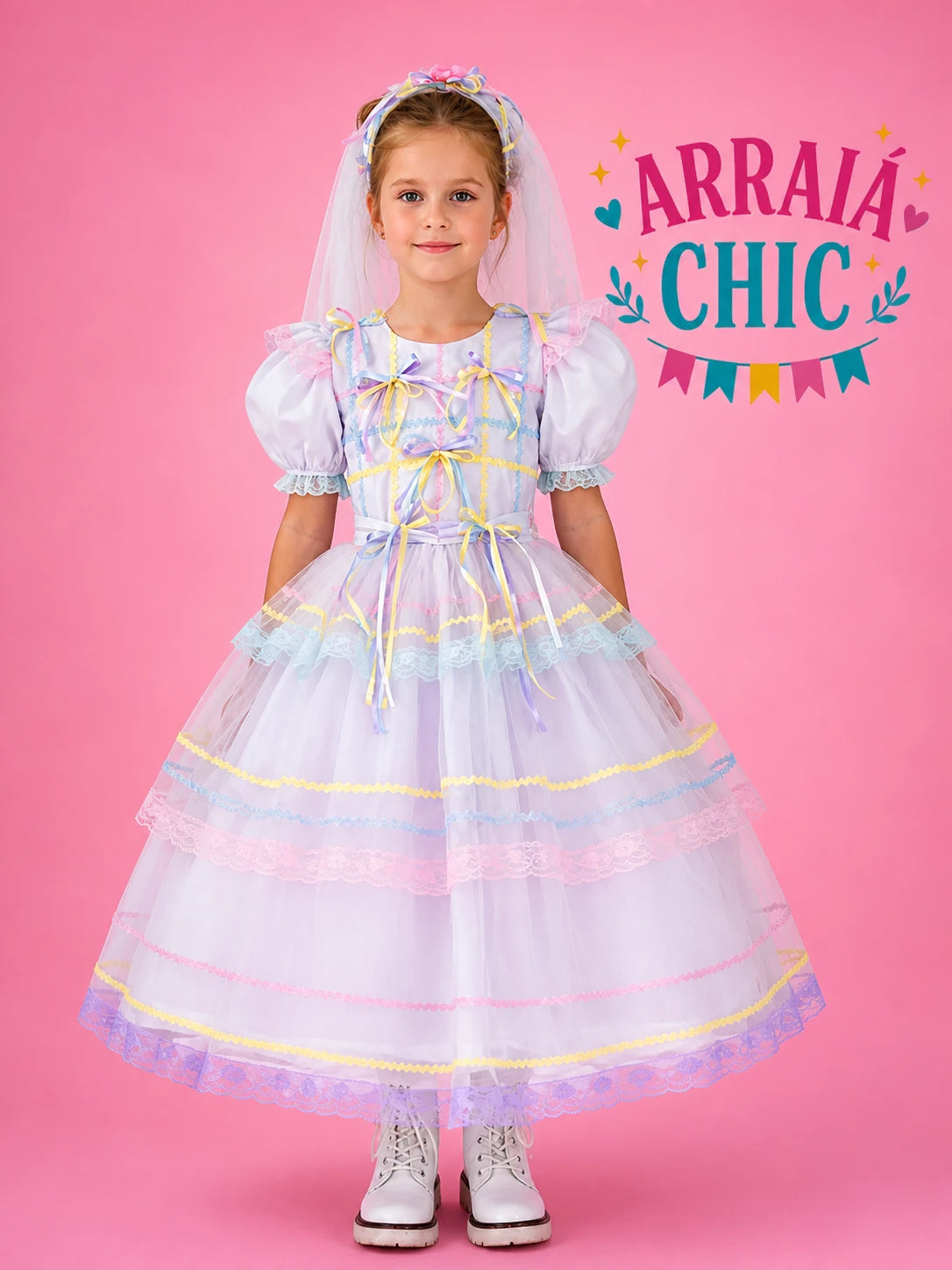 Vestido Infantil de Festa Junina Noivinha Luxo Detalhes Candy - Algodão
