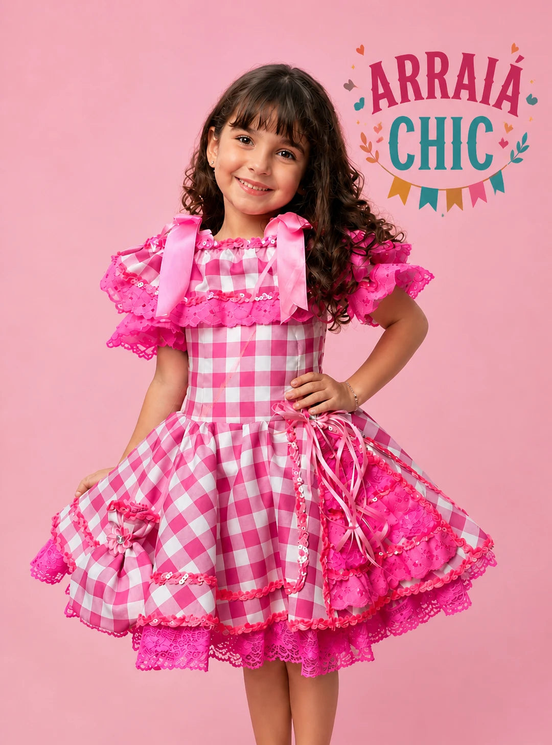 Vestido Infantil de Festa Junina Rosa Xadrez Fashionista + Bolsinha