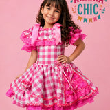 Vestido Infantil de Festa Junina Rosa Xadrez Fashionista + Bolsinha
