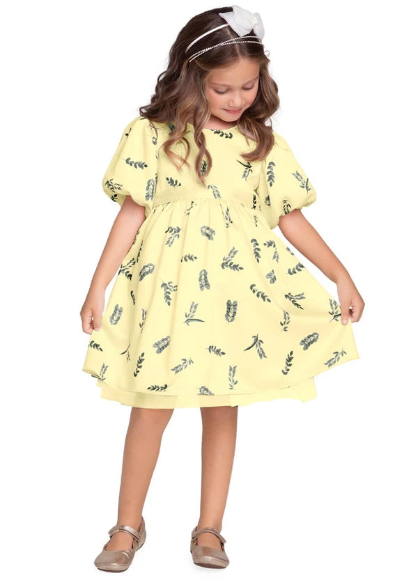 Vestido Infantil Menina Folhas Amarelo